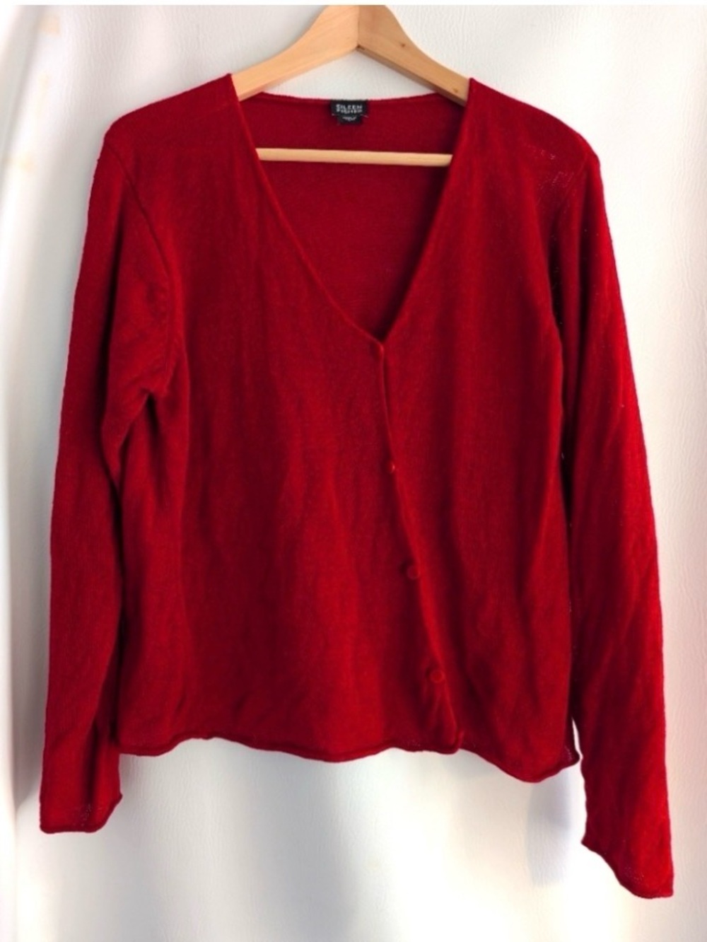 Eileen Fisher Linen Red Knit Cardigan Asymmetrical Buttons Long Sleeves - L